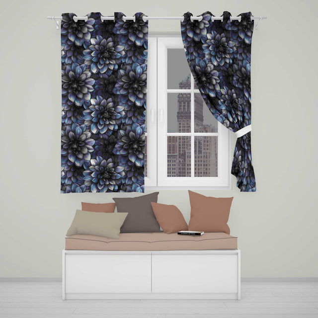 Monochrome Dark Blue Floral Seamless  Elegant Botanical Design  Readymade Eyelet Ring Top Thermal 100% Blackout Curtains
