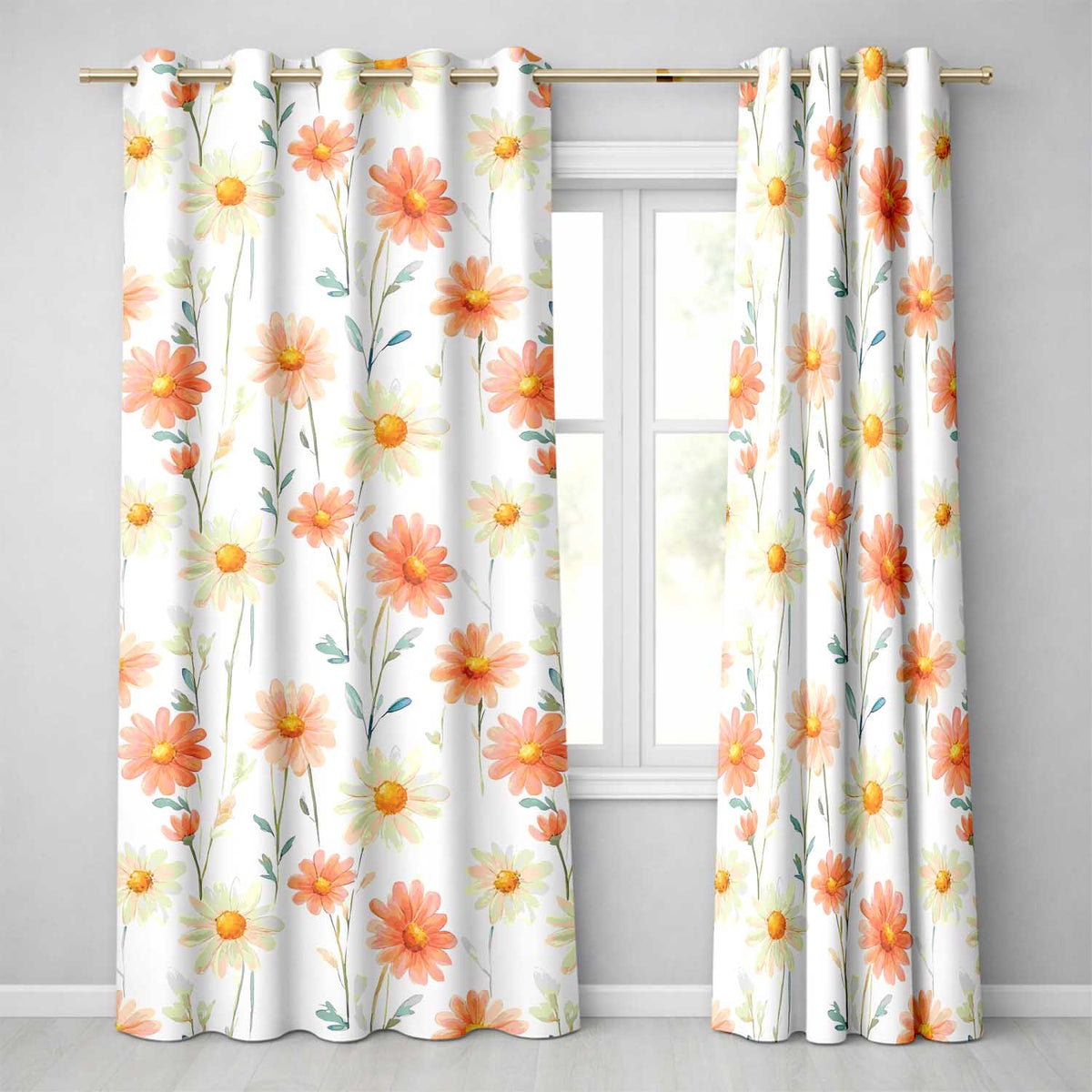 Watercolor Peach Daisy Floral Seamless  on White Background  Readymade Eyelet Ring Top Thermal 100% Blackout Curtains