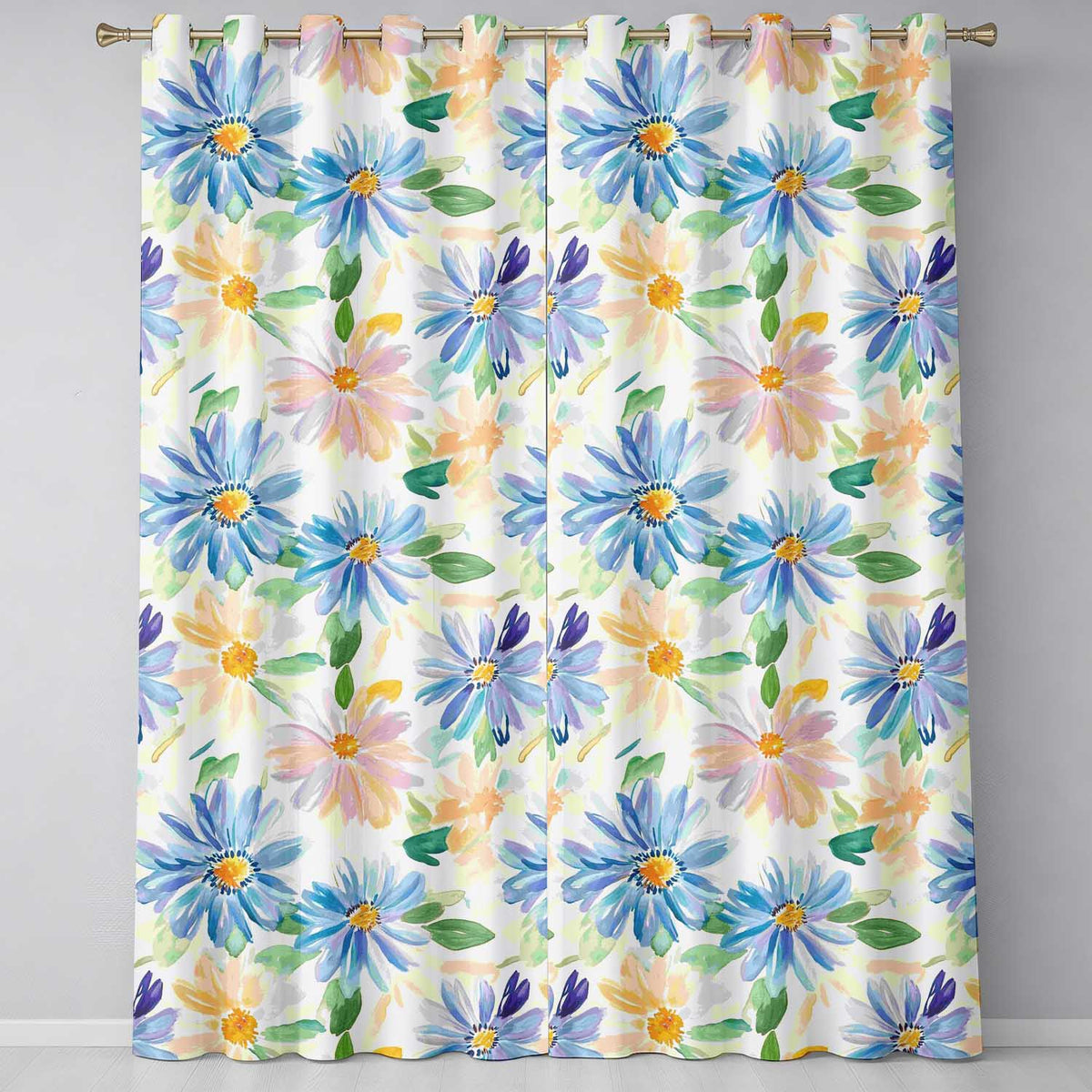 Watercolor Blue Floral Botanical Seamless  on Cream Background  Readymade Eyelet Ring Top Thermal 100% Blackout Curtains