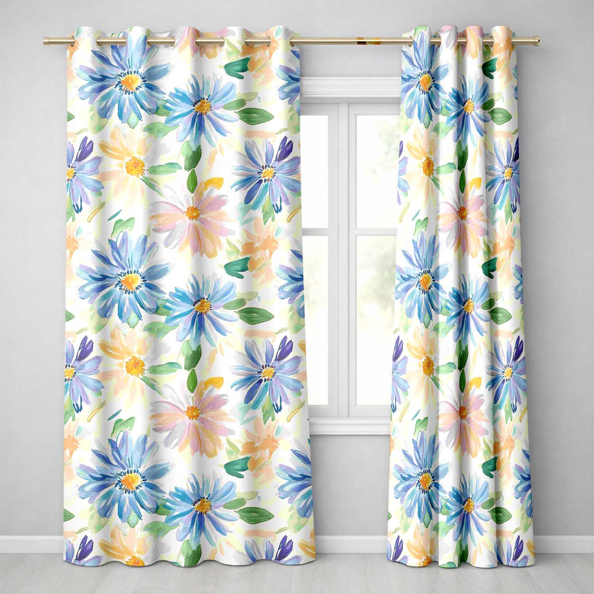 Watercolor Blue Floral Botanical Seamless  on Cream Background  Readymade Eyelet Ring Top Thermal 100% Blackout Curtains