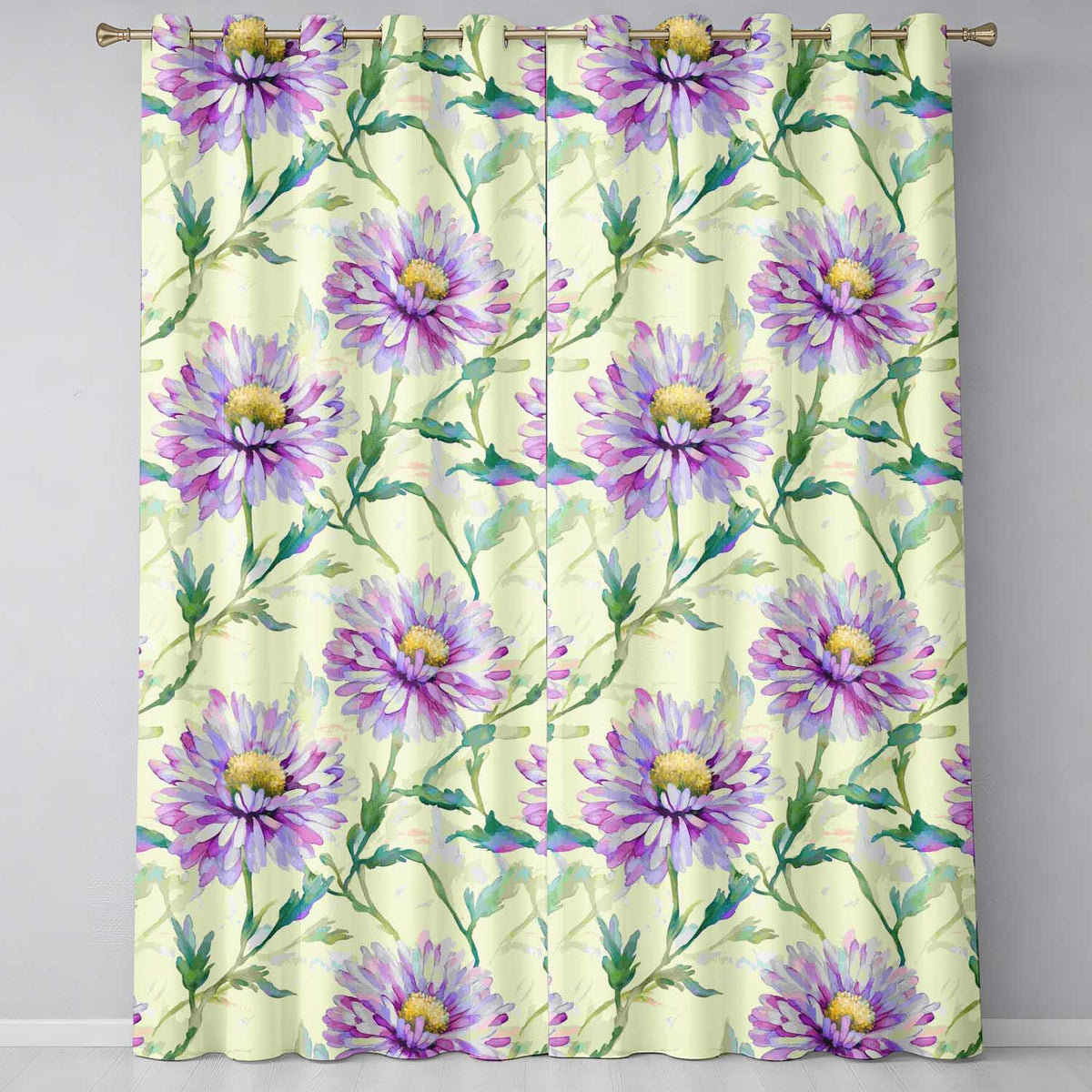 Watercolor Purple Daisy Floral Seamless  on Soft Cream Background  Readymade Eyelet Ring Top Thermal 100% Blackout Curtains