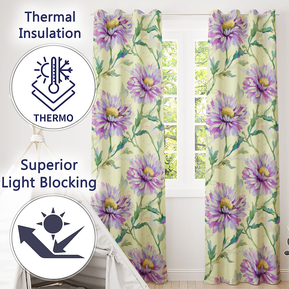 Watercolor Purple Daisy Floral Seamless  on Soft Cream Background  Readymade Eyelet Ring Top Thermal 100% Blackout Curtains