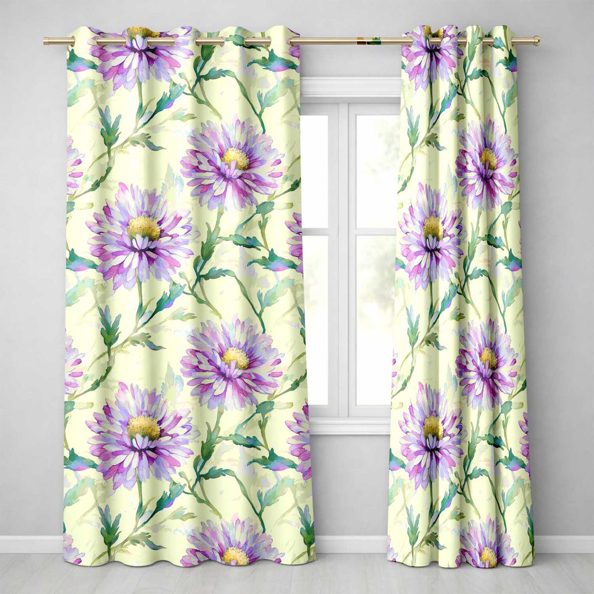 Watercolor Purple Daisy Floral Seamless  on Soft Cream Background  Readymade Eyelet Ring Top Thermal 100% Blackout Curtains