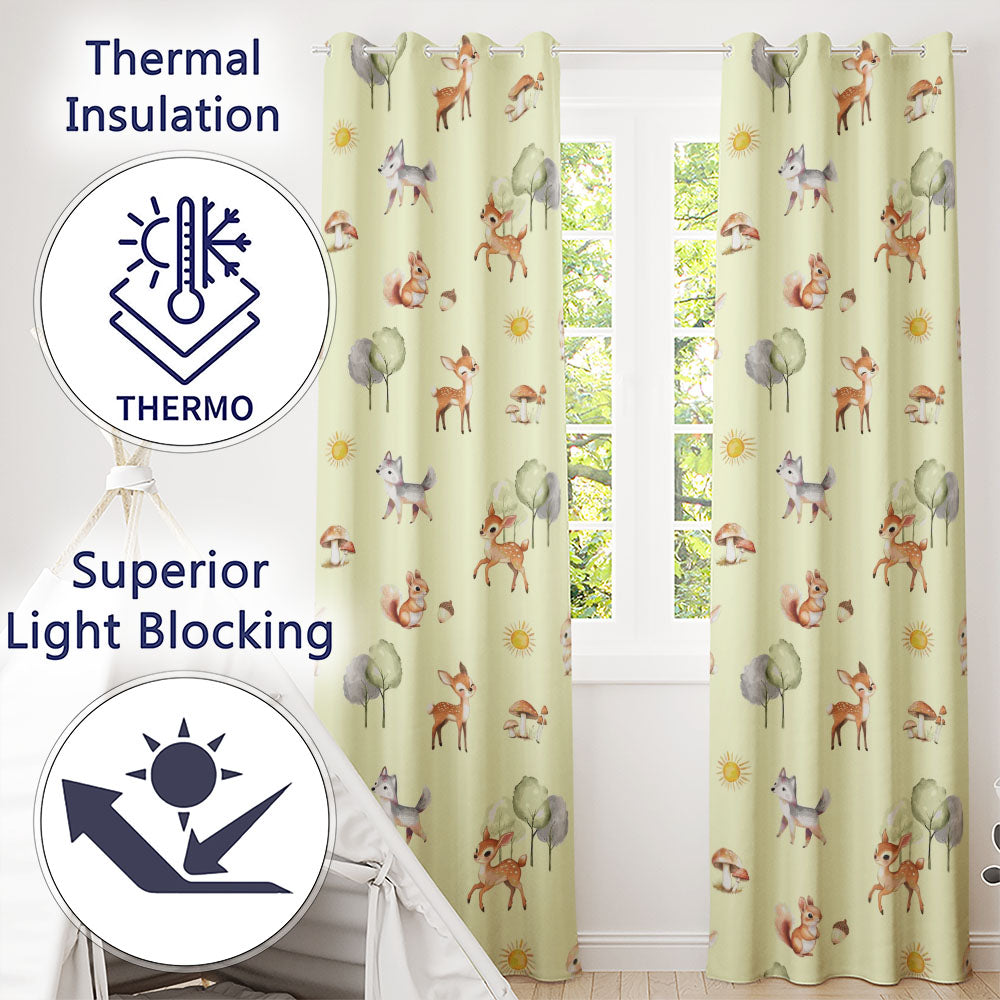 Woodland Deer Fox Mushroom Seamless  on Cream Background  Readymade Eyelet Ring Top Thermal 100% Blackout Curtains
