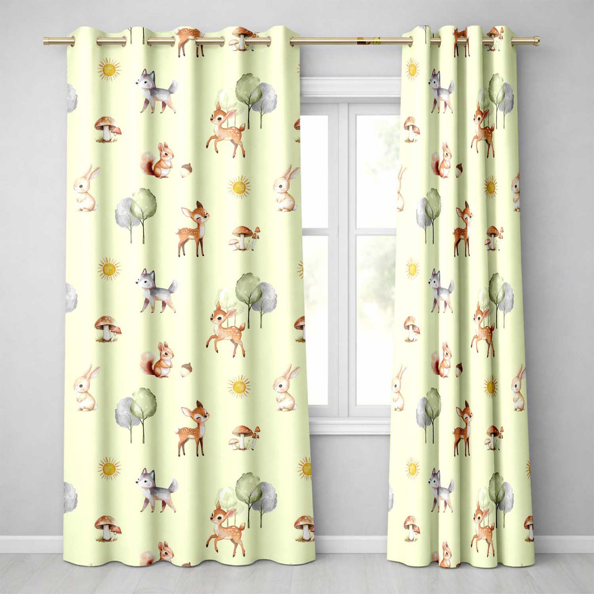 Woodland Deer Fox Mushroom Seamless  on Cream Background  Readymade Eyelet Ring Top Thermal 100% Blackout Curtains