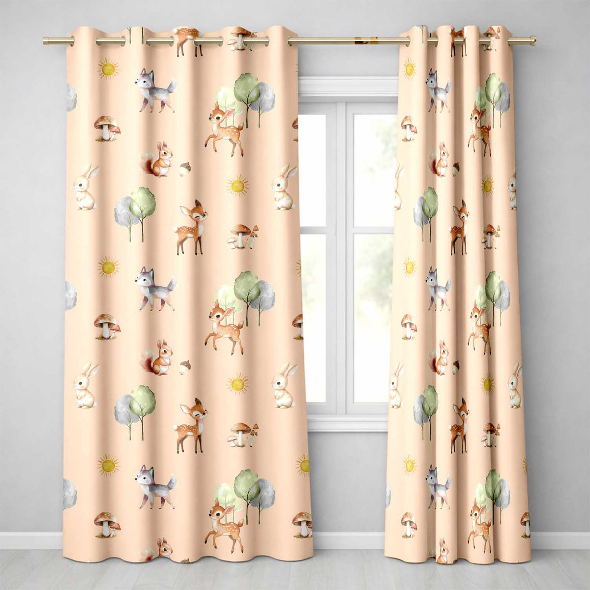 Woodland Deer Fox Mushroom Seamless  on Peach Background  Readymade Eyelet Ring Top Thermal 100% Blackout Curtains