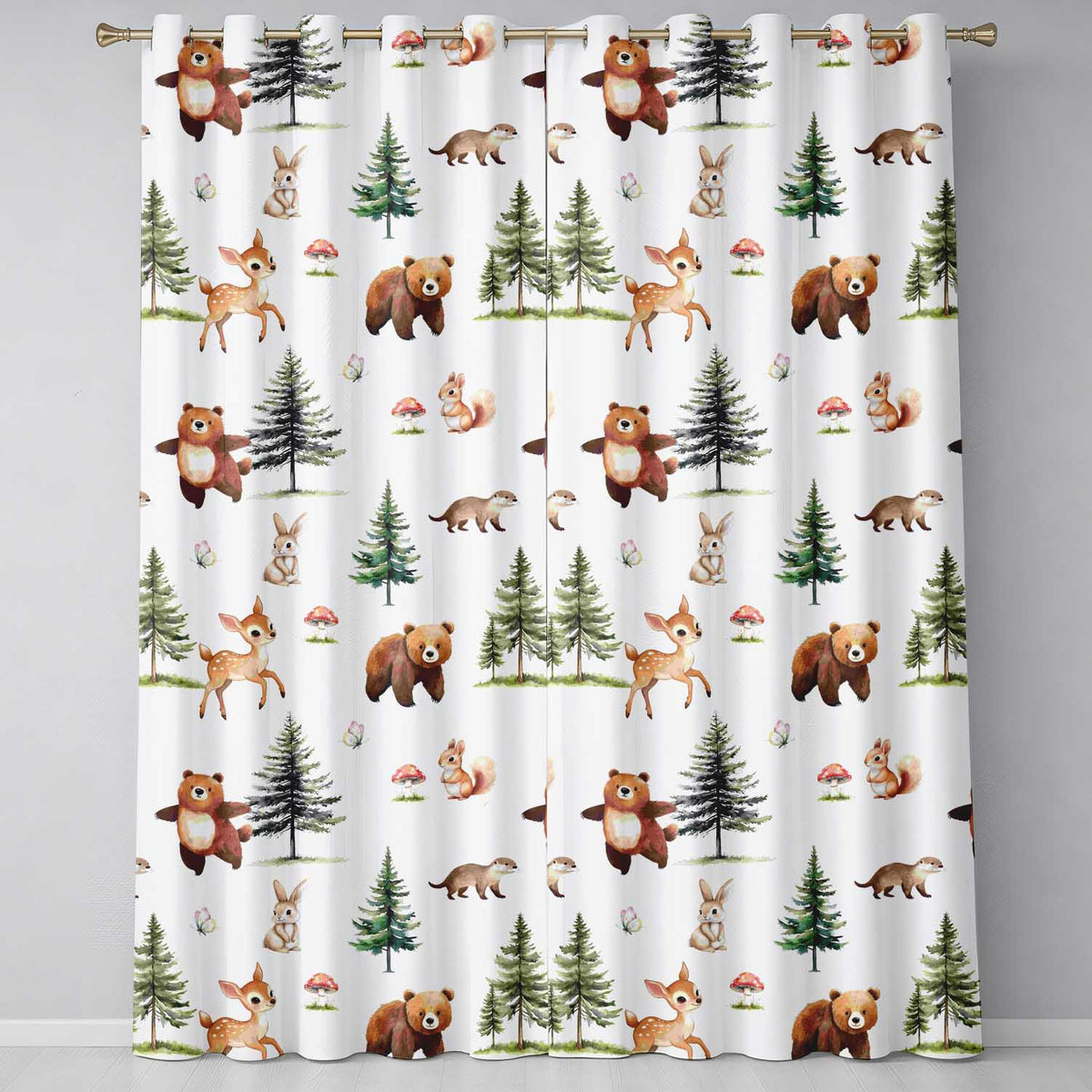 Woodland Forest Animals Bear Bunny Deer   on Light Grey Background  Readymade Eyelet Ring Top Thermal 100% Blackout Curtains