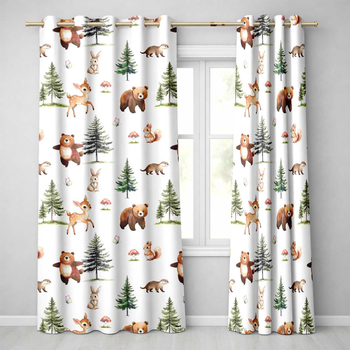 Woodland Forest Animals Bear Bunny Deer   on Light Grey Background  Readymade Eyelet Ring Top Thermal 100% Blackout Curtains