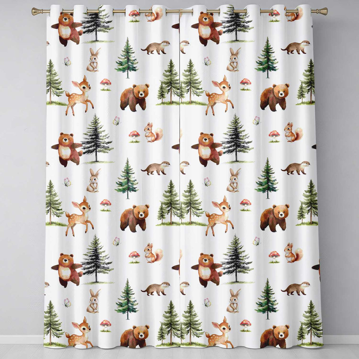 Woodland Forest Animals Bear Bunny Deer   on Soft Neutral Background  Readymade Eyelet Ring Top Thermal 100% Blackout Curtains