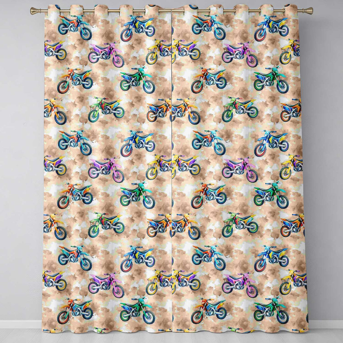 Colorful Kids Dirt Bike Motocross Seamless  on Beige Background  Readymade Eyelet Ring Top Thermal 100% Blackout Curtains