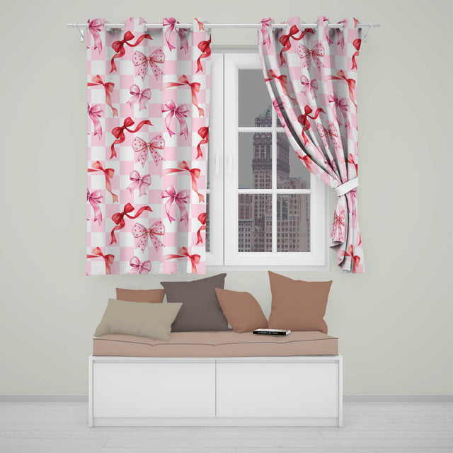 Watercolor Ribbon Bow Seamless  on Pink Gingham Background  Readymade Eyelet Ring Top Thermal 100% Blackout Curtains