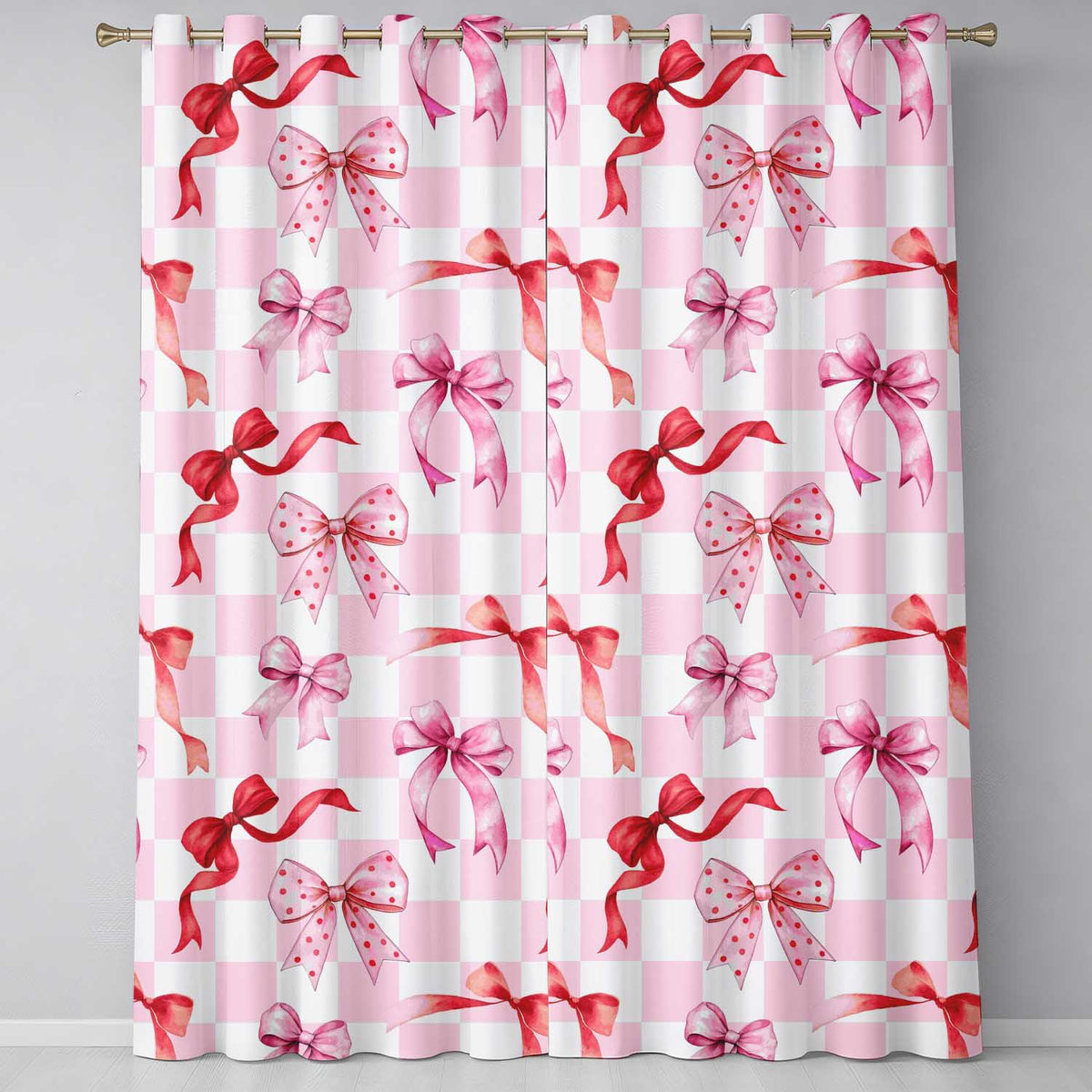Watercolor Ribbon Bow Seamless  on Pink Gingham Background  Readymade Eyelet Ring Top Thermal 100% Blackout Curtains