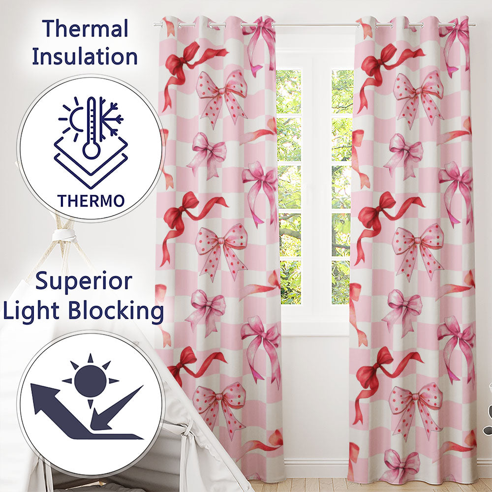 Watercolor Ribbon Bow Seamless  on Pink Gingham Background  Readymade Eyelet Ring Top Thermal 100% Blackout Curtains