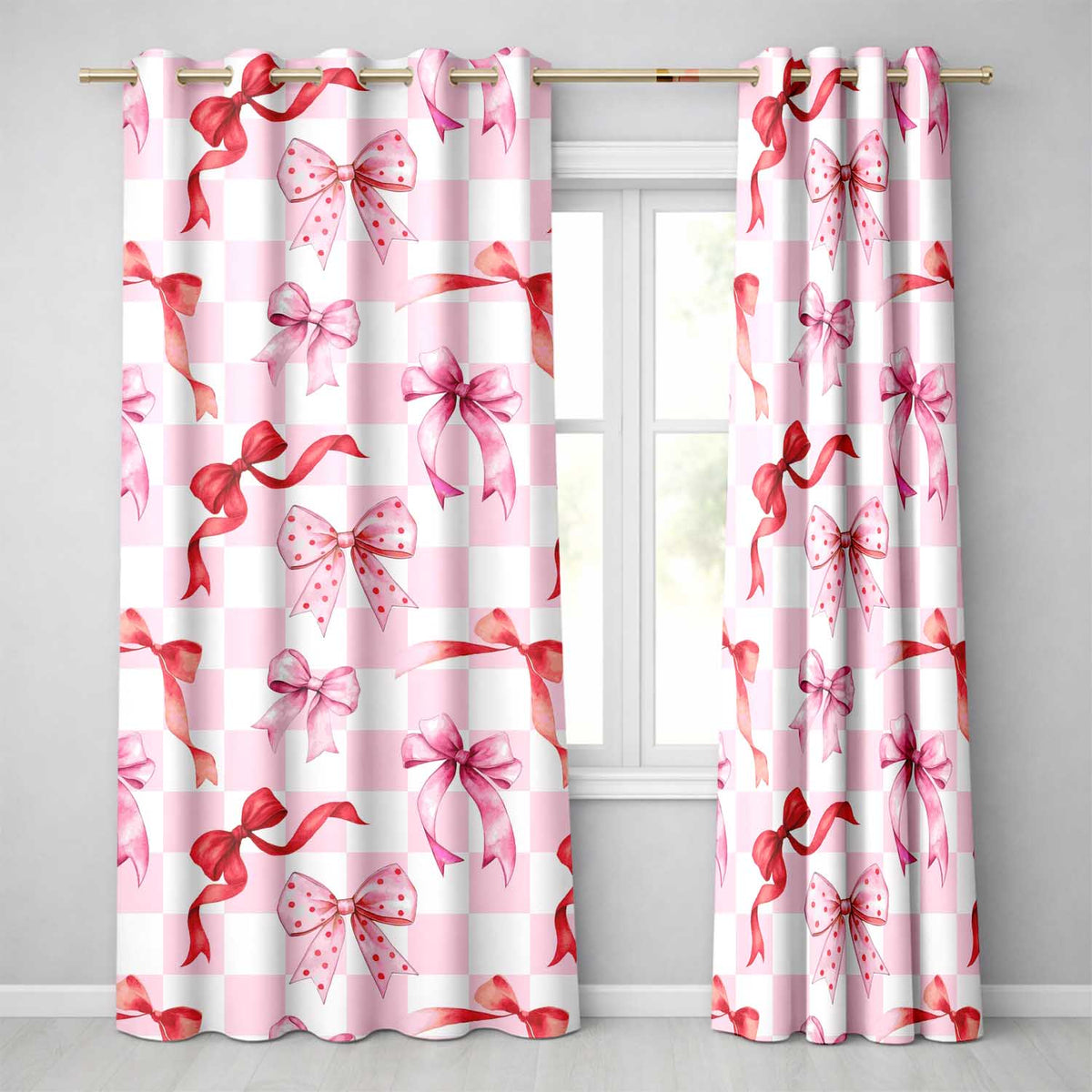 Watercolor Ribbon Bow Seamless  on Pink Gingham Background  Readymade Eyelet Ring Top Thermal 100% Blackout Curtains
