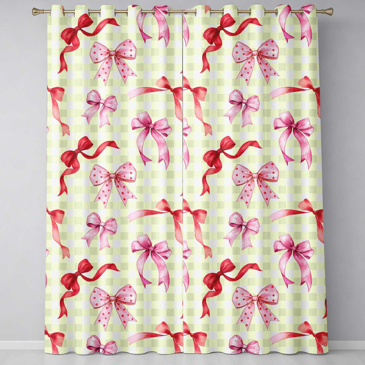 Watercolor Ribbon Bow Seamless  on Yellow Gingham Background  Readymade Eyelet Ring Top Thermal 100% Blackout Curtains