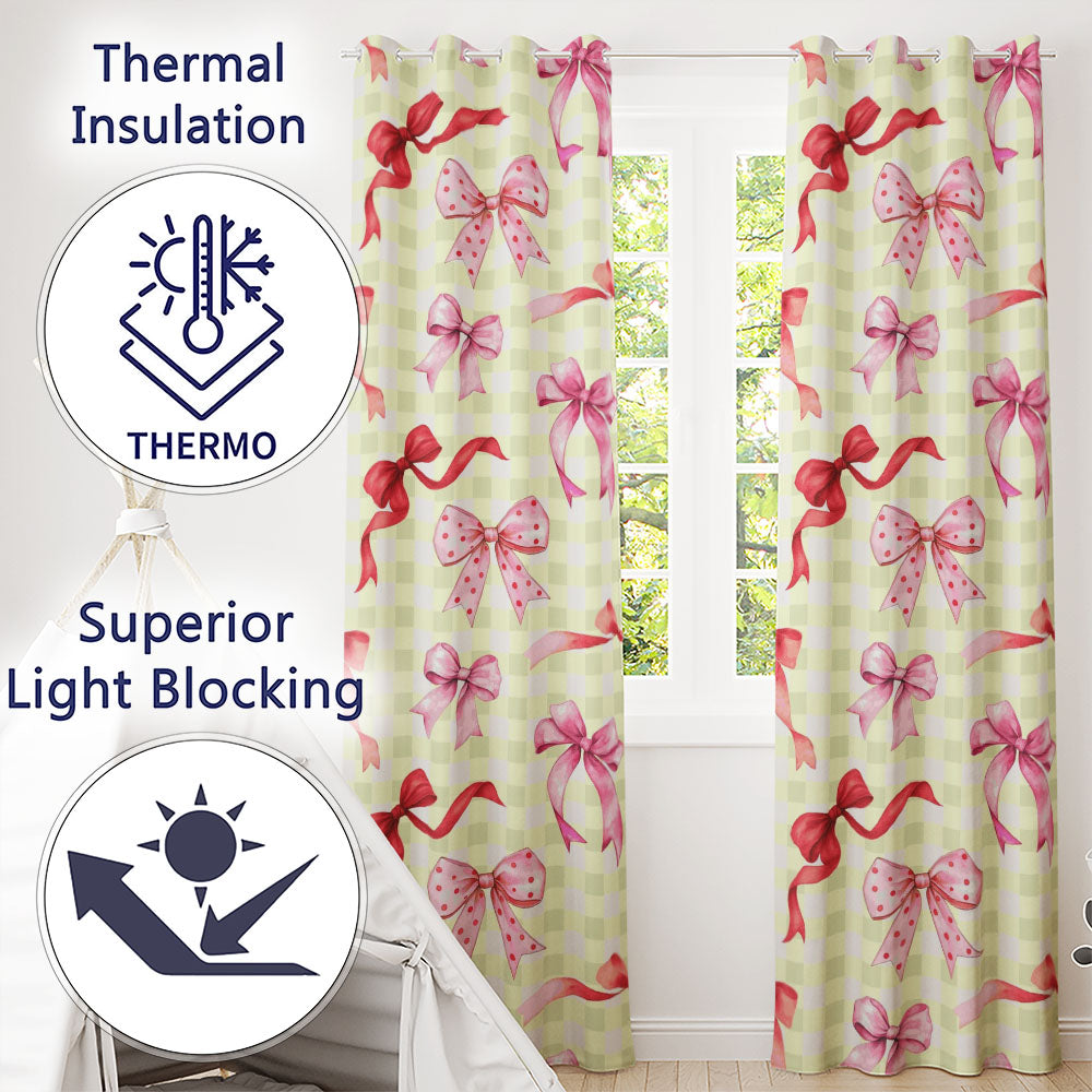 Watercolor Ribbon Bow Seamless  on Yellow Gingham Background  Readymade Eyelet Ring Top Thermal 100% Blackout Curtains