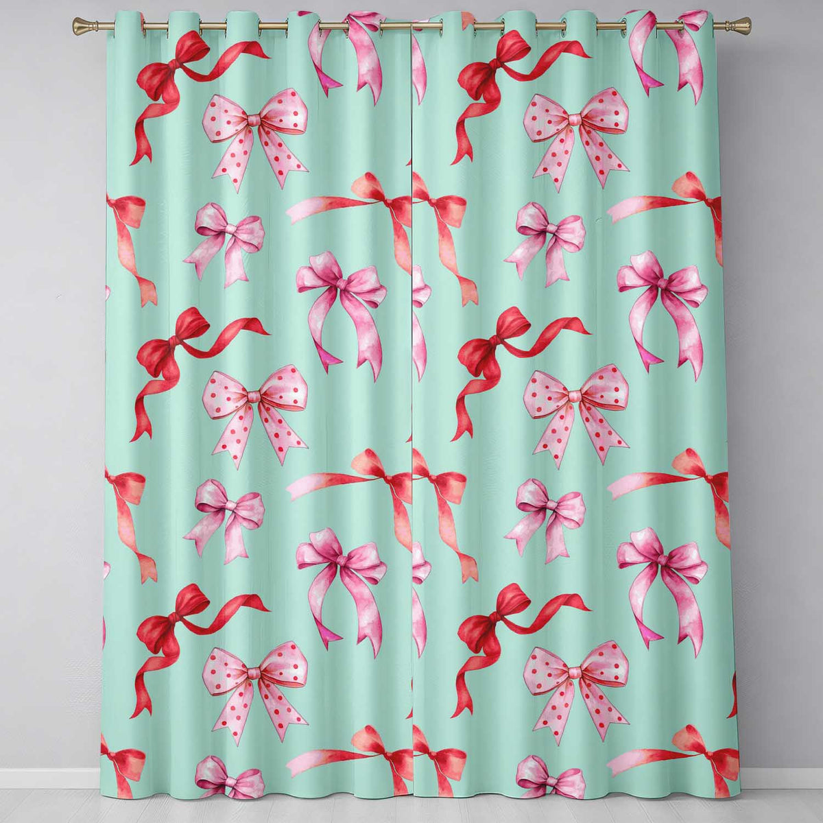 Watercolor Ribbon Bow Seamless  on Teal Background  Readymade Eyelet Ring Top Thermal 100% Blackout Curtains