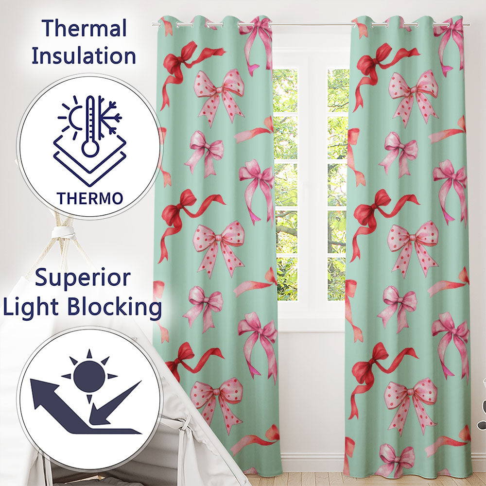 Watercolor Ribbon Bow Seamless  on Teal Background  Readymade Eyelet Ring Top Thermal 100% Blackout Curtains