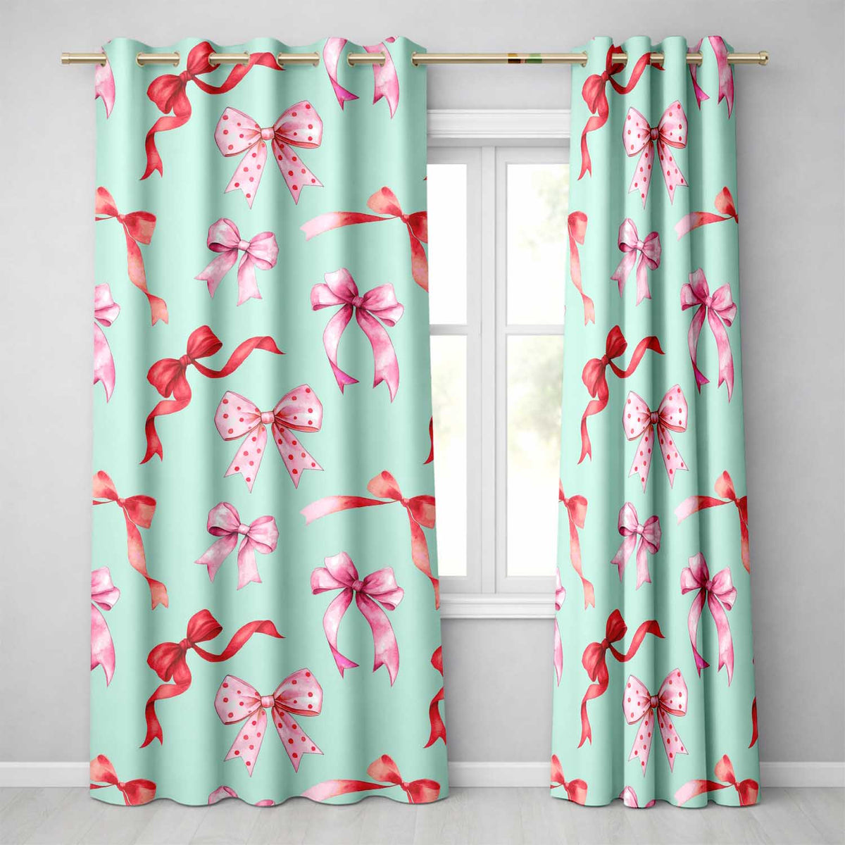 Watercolor Ribbon Bow Seamless  on Teal Background  Readymade Eyelet Ring Top Thermal 100% Blackout Curtains