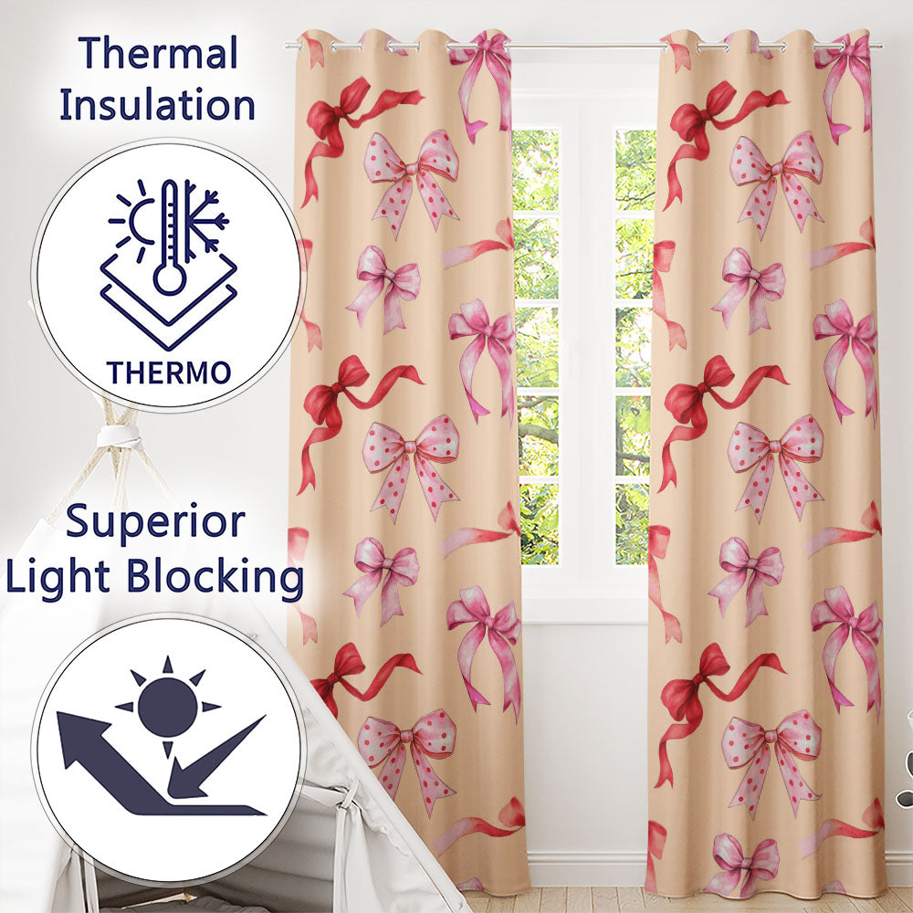 Watercolor Ribbon Bow Seamless  on  Beige Background  Readymade Eyelet Ring Top Thermal 100% Blackout Curtains