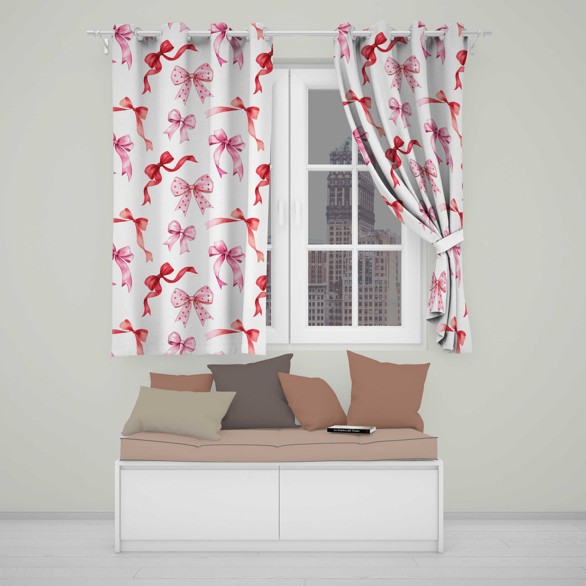 Watercolor Ribbon Bow Seamless  on Light Grey Background  Readymade Eyelet Ring Top Thermal 100% Blackout Curtains
