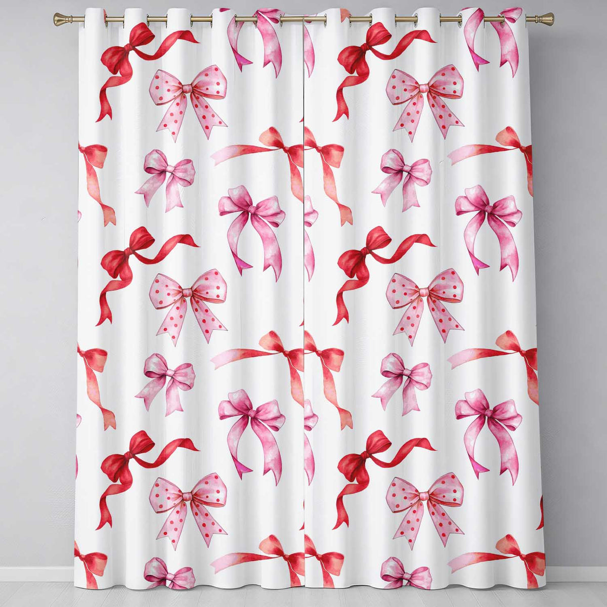 Watercolor Ribbon Bow Seamless  on Light Grey Background  Readymade Eyelet Ring Top Thermal 100% Blackout Curtains