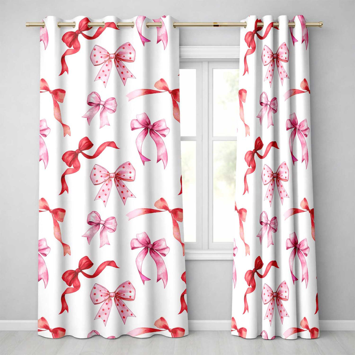 Watercolor Ribbon Bow Seamless  on Light Grey Background  Readymade Eyelet Ring Top Thermal 100% Blackout Curtains