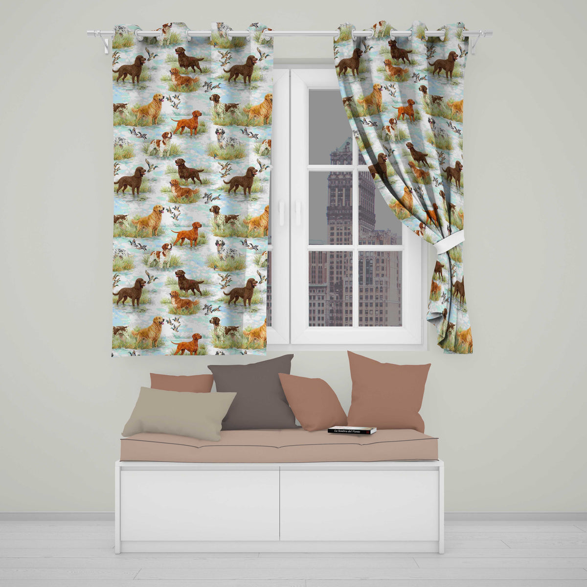 Watercolor Hunting Dogs Ducks Lake Nature Seamless  Readymade Eyelet Ring Top Thermal 100% Blackout Curtains