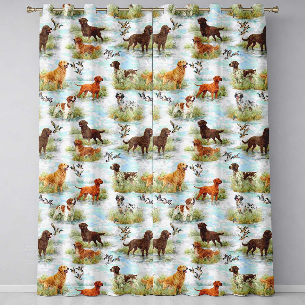 Watercolor Hunting Dogs Ducks Lake Nature Seamless  Readymade Eyelet Ring Top Thermal 100% Blackout Curtains