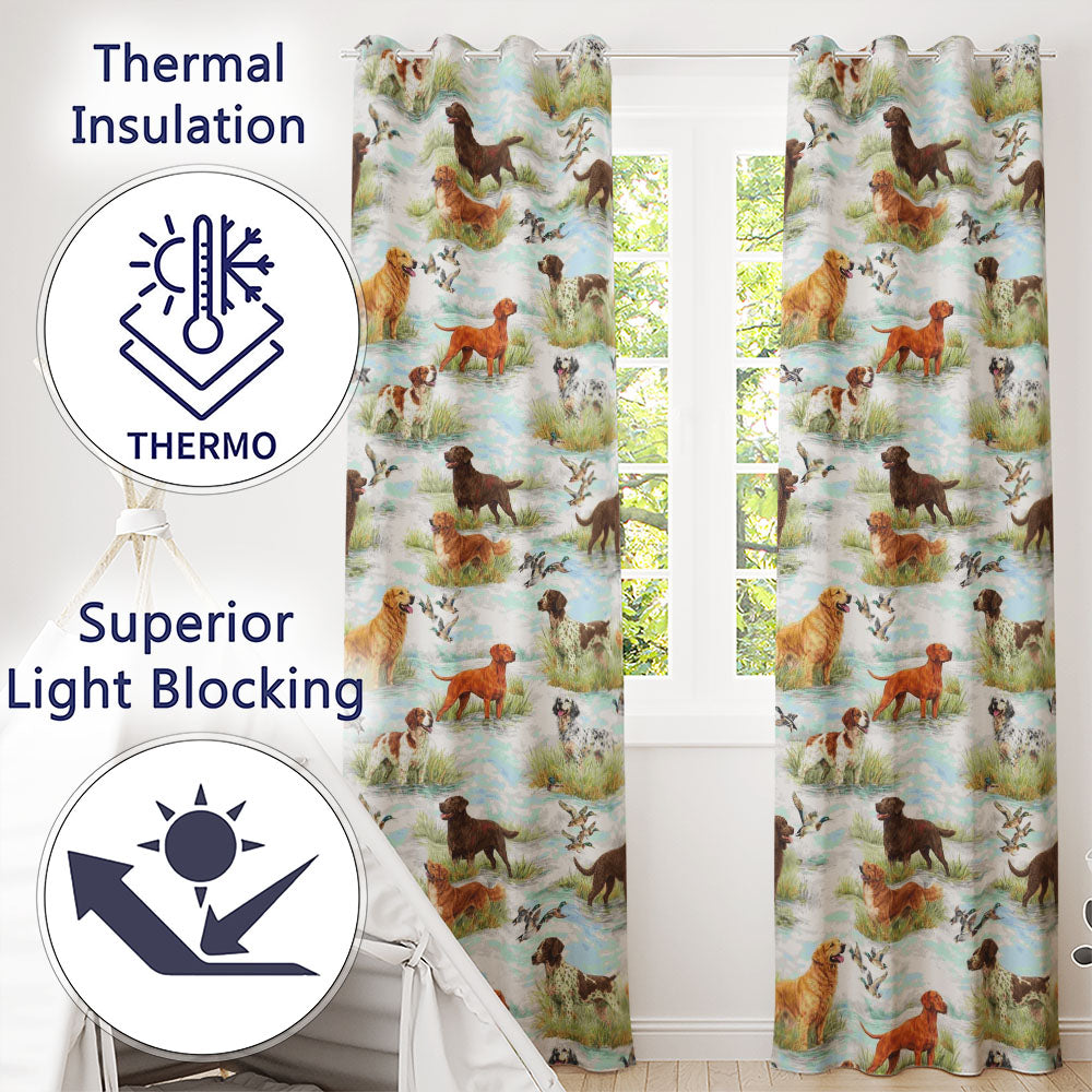 Watercolor Hunting Dogs Ducks Lake Nature Seamless  Readymade Eyelet Ring Top Thermal 100% Blackout Curtains