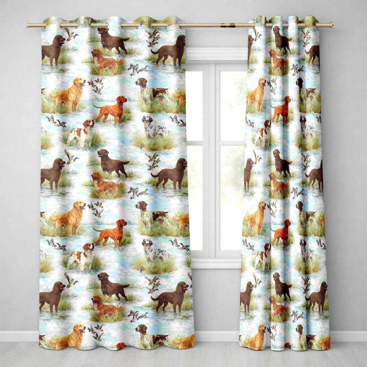 Watercolor Hunting Dogs Ducks Lake Nature Seamless  Readymade Eyelet Ring Top Thermal 100% Blackout Curtains
