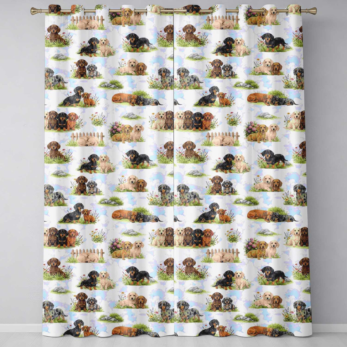Dachshund Puppy Garden Floral Seamless  Readymade Eyelet Ring Top Thermal 100% Blackout Curtains