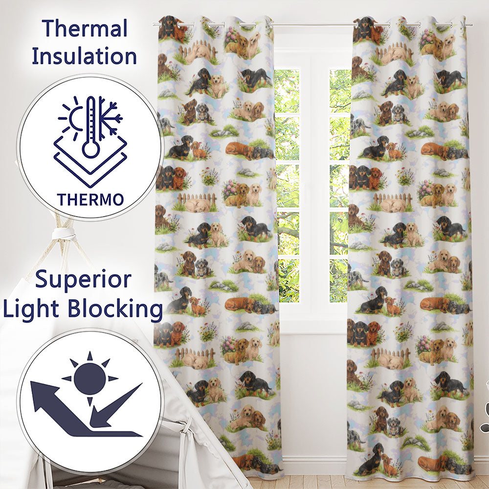 Dachshund Puppy Garden Floral Seamless  Readymade Eyelet Ring Top Thermal 100% Blackout Curtains