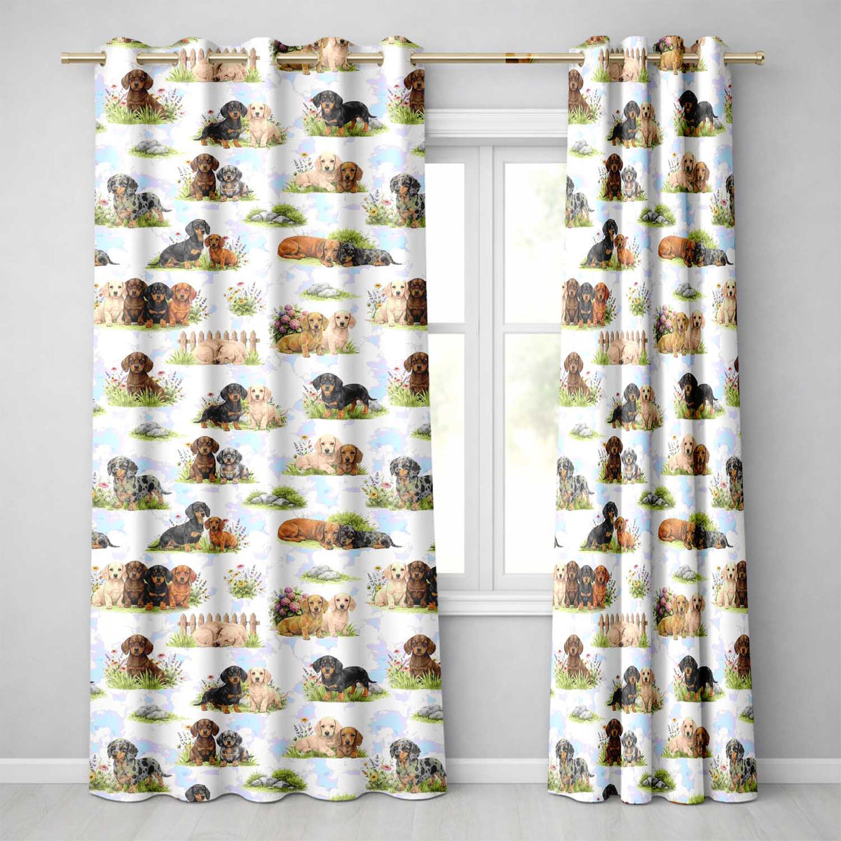 Dachshund Puppy Garden Floral Seamless  Readymade Eyelet Ring Top Thermal 100% Blackout Curtains