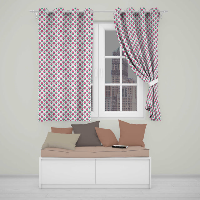 Stylised Pink Floral Bud  with Green Leaves on Light Background  Readymade Eyelet Ring Top Thermal 100% Blackout Curtains