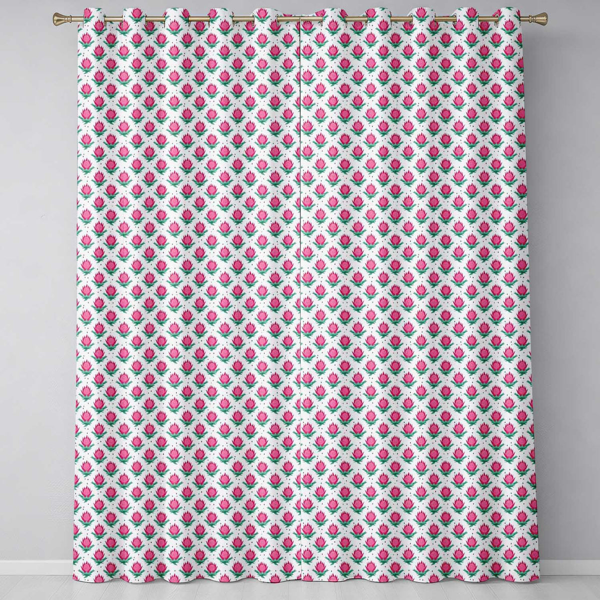 Stylised Pink Floral Bud  with Green Leaves on Light Background  Readymade Eyelet Ring Top Thermal 100% Blackout Curtains