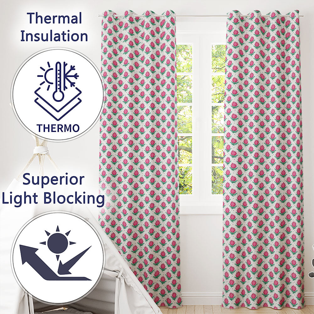Stylised Pink Floral Bud  with Green Leaves on Light Background  Readymade Eyelet Ring Top Thermal 100% Blackout Curtains