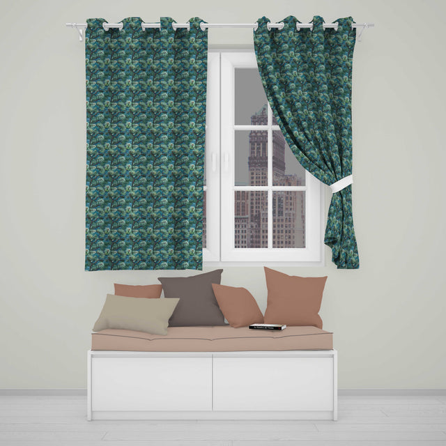 Pine Branch  with Dense Needles on Teal Background  Readymade Eyelet Ring Top Thermal 100% Blackout Curtains