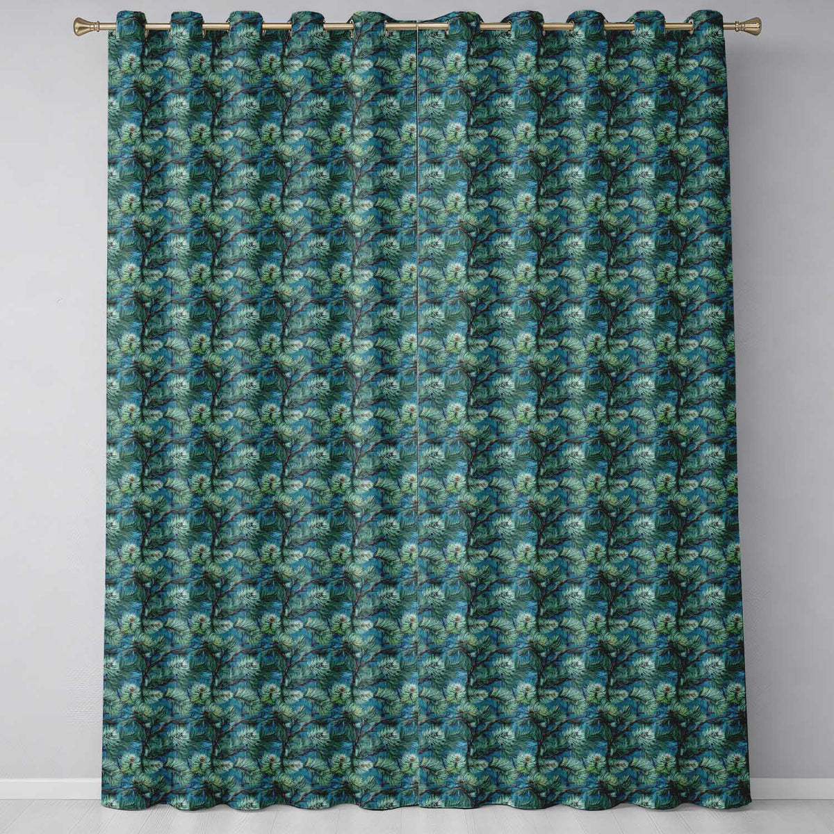 Pine Branch  with Dense Needles on Teal Background  Readymade Eyelet Ring Top Thermal 100% Blackout Curtains
