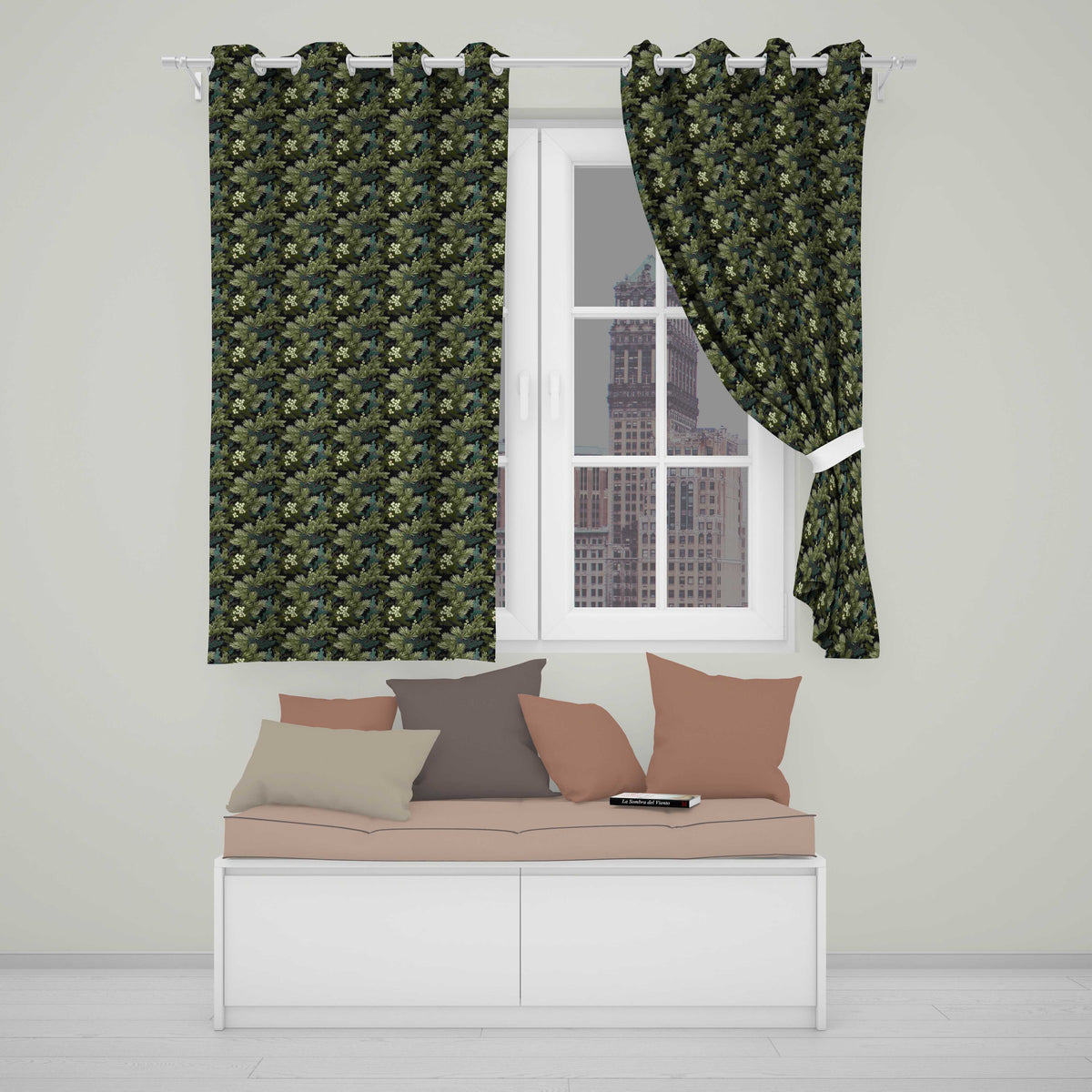 Small Pine Tree Repeat  on Neutral Background  Readymade Eyelet Ring Top Thermal 100% Blackout Curtains