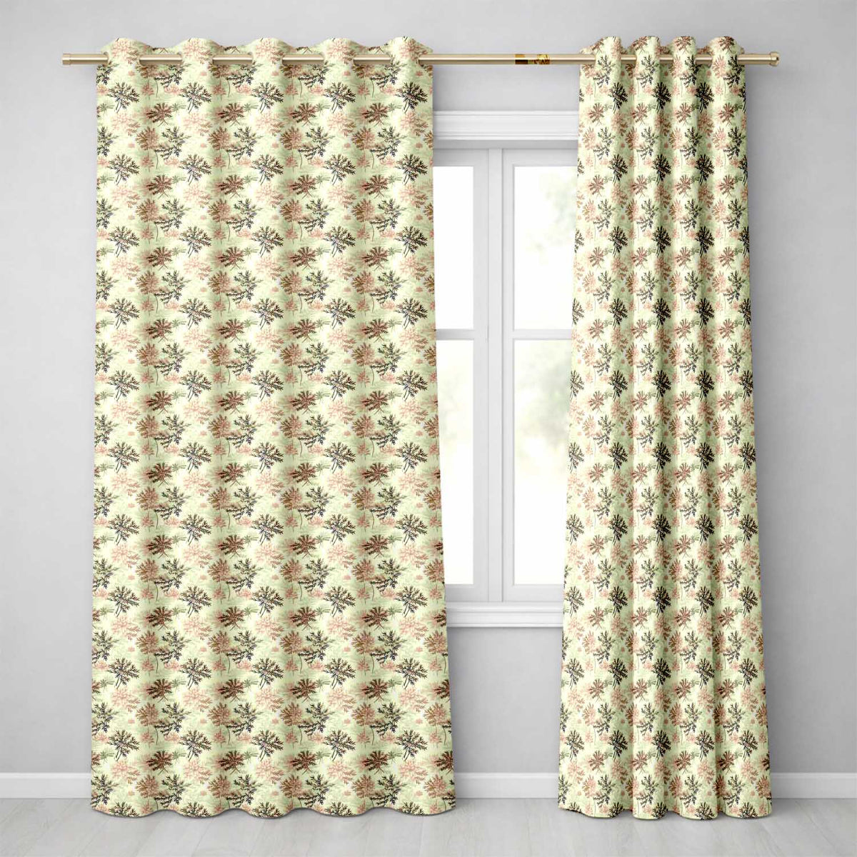Beige Botanical Floral  with Delicate Leaves and Chrysanthemum Flowers  Readymade Eyelet Ring Top Thermal 100% Blackout Curtains