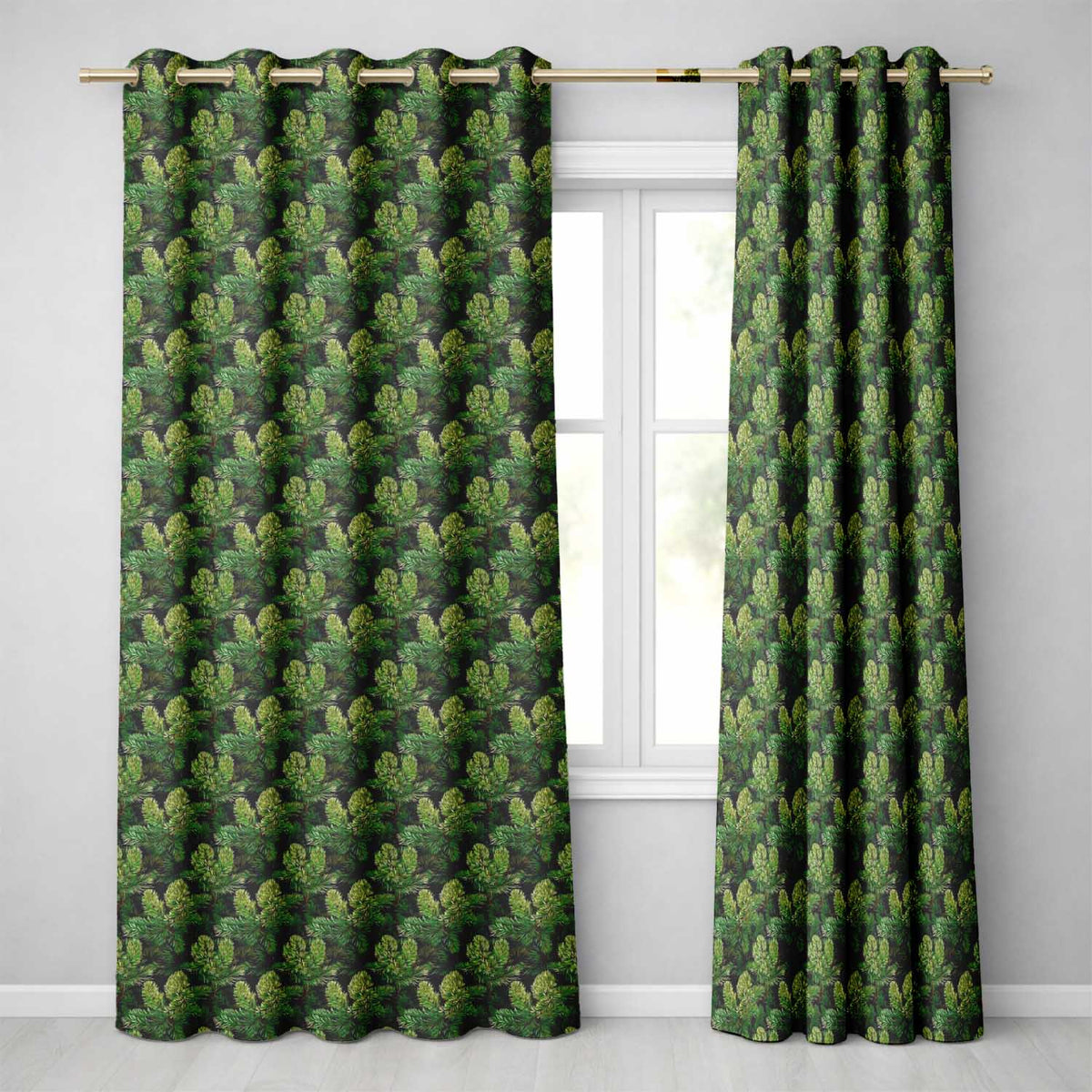 Lush Green Pine Needle  with Detailed Evergreen Branches on Dark Background  Readymade Eyelet Ring Top Thermal 100% Blackout Curtains