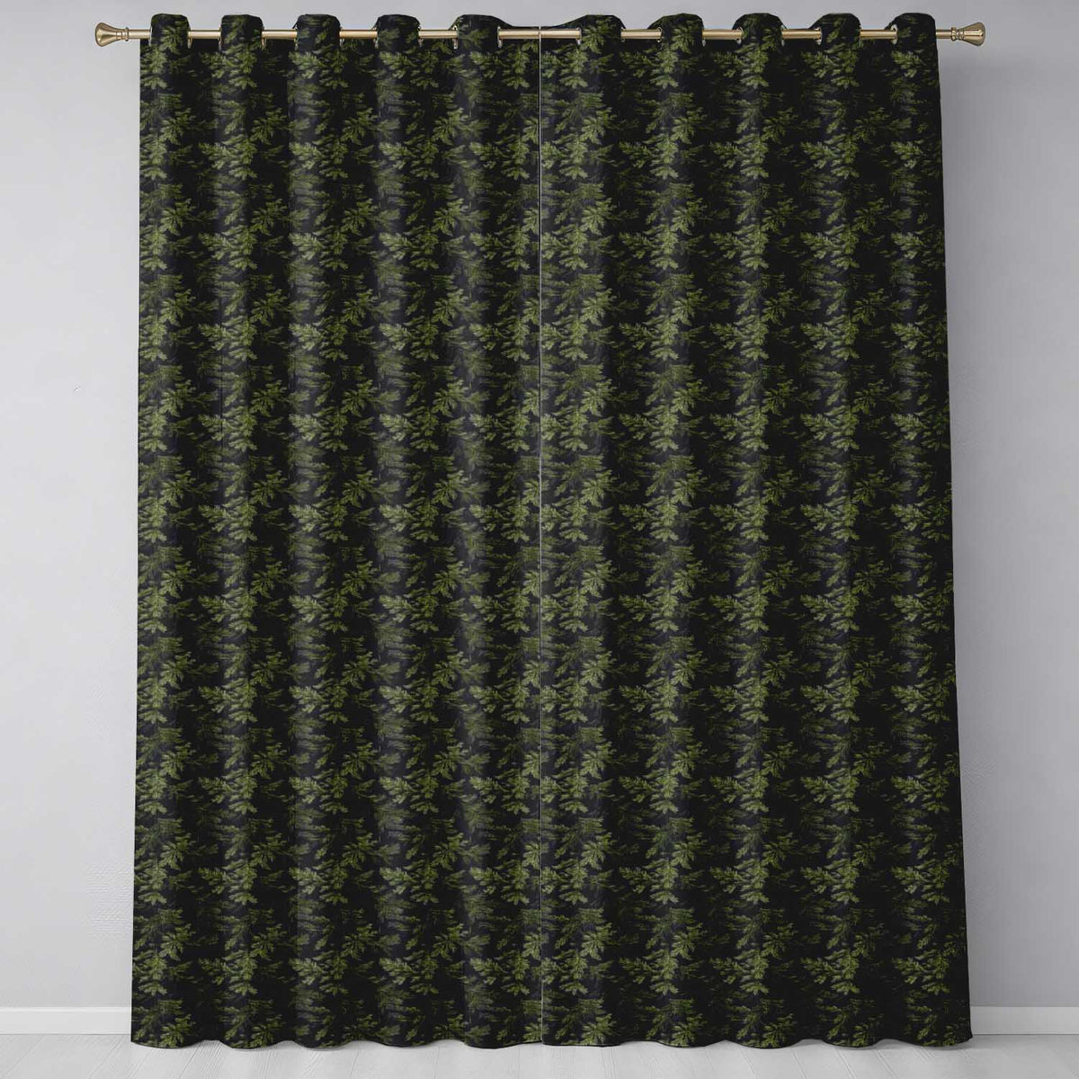Dark Evergreen Fir Branch  with Dense Foliage on Black Background  Readymade Eyelet Ring Top Thermal 100% Blackout Curtains