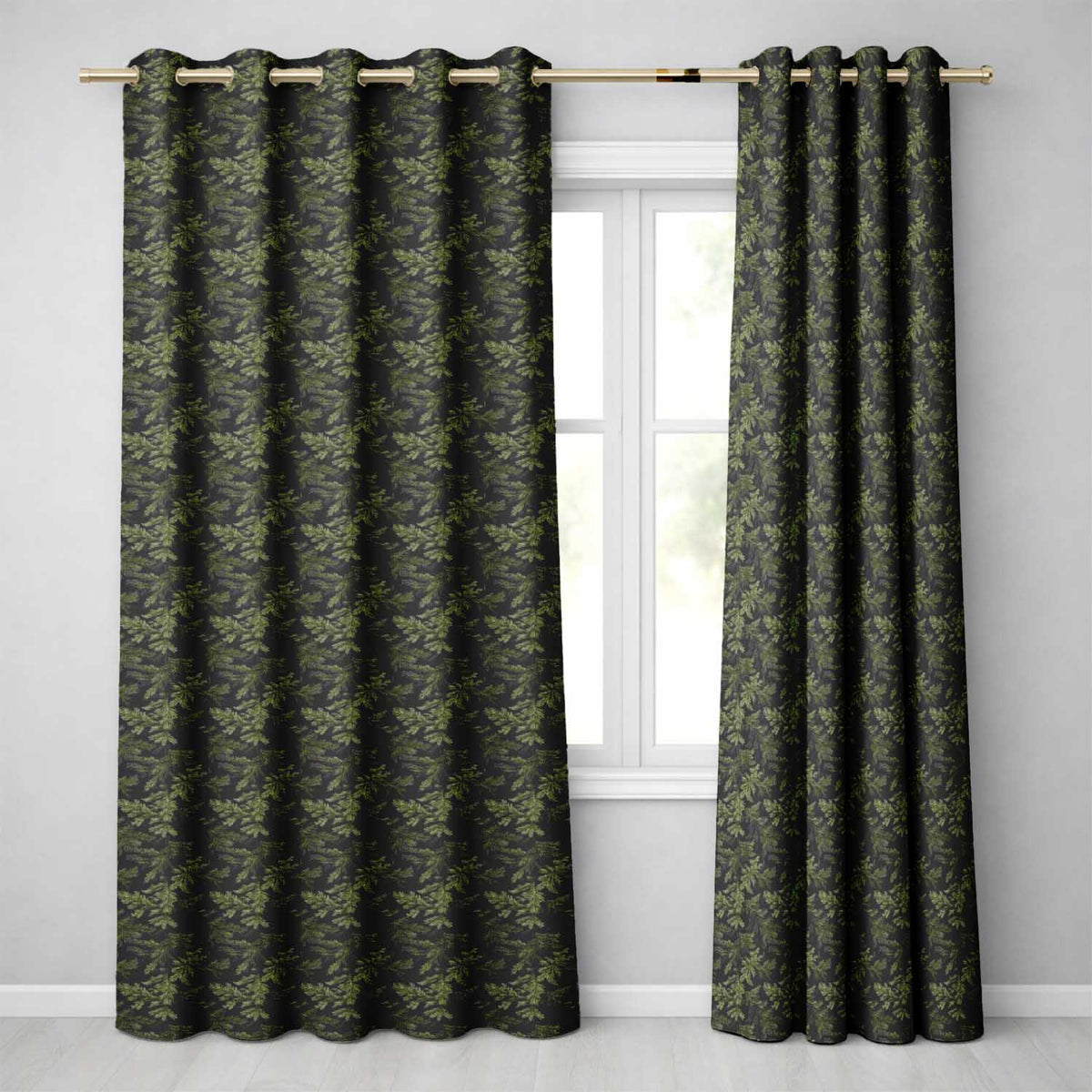 Dark Evergreen Fir Branch  with Dense Foliage on Black Background  Readymade Eyelet Ring Top Thermal 100% Blackout Curtains
