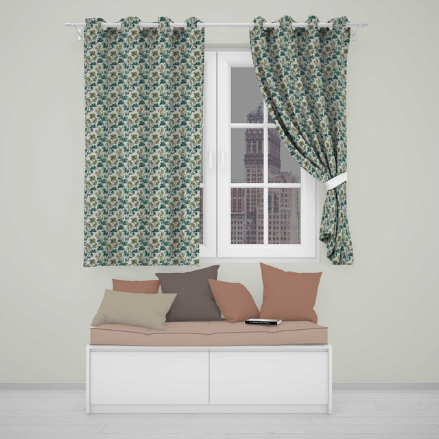 Botanical Pine Branch  with White Blossoms and Birds on Soft Green Background  Readymade Eyelet Ring Top Thermal 100% Blackout Curtains