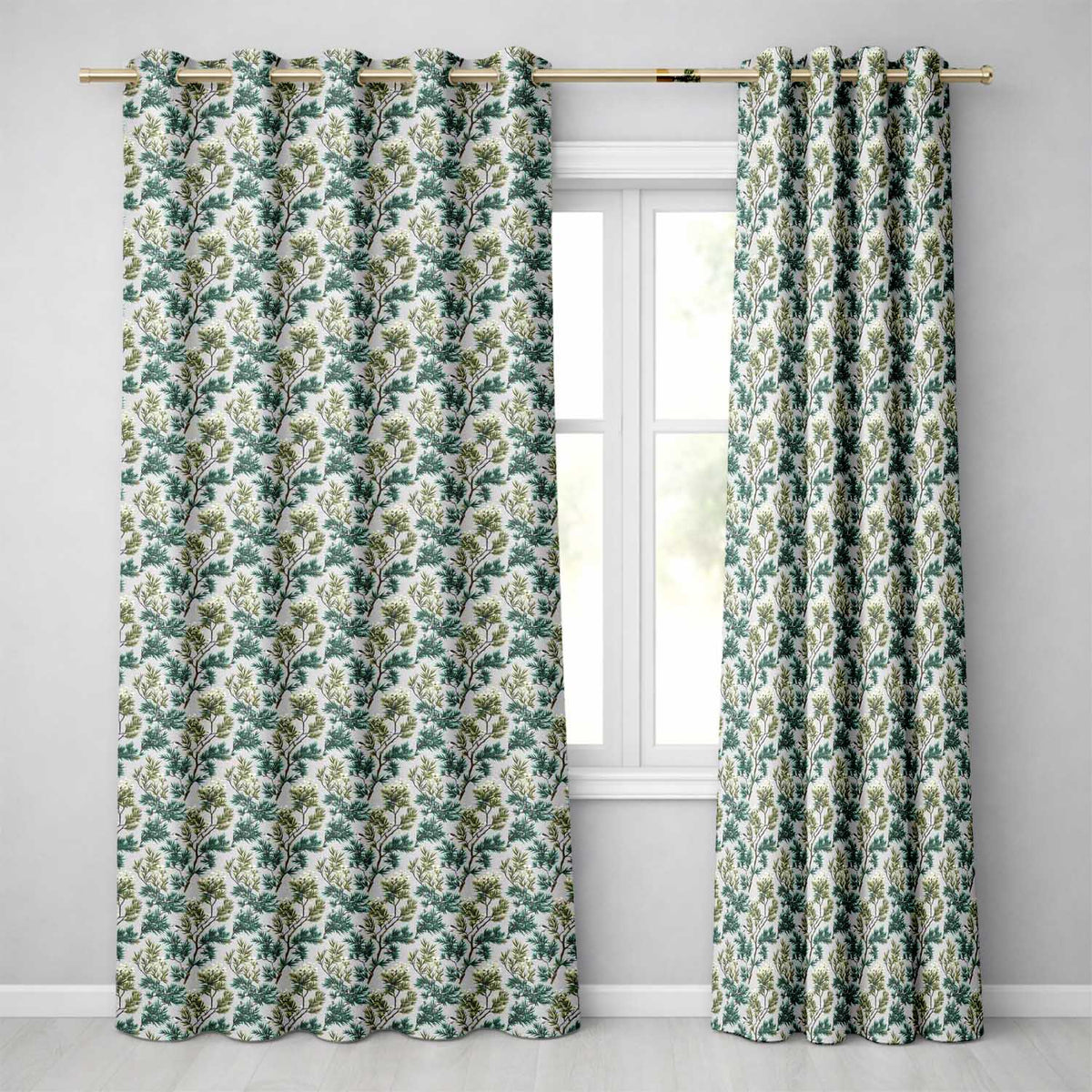Botanical Pine Branch  with White Blossoms and Birds on Soft Green Background  Readymade Eyelet Ring Top Thermal 100% Blackout Curtains