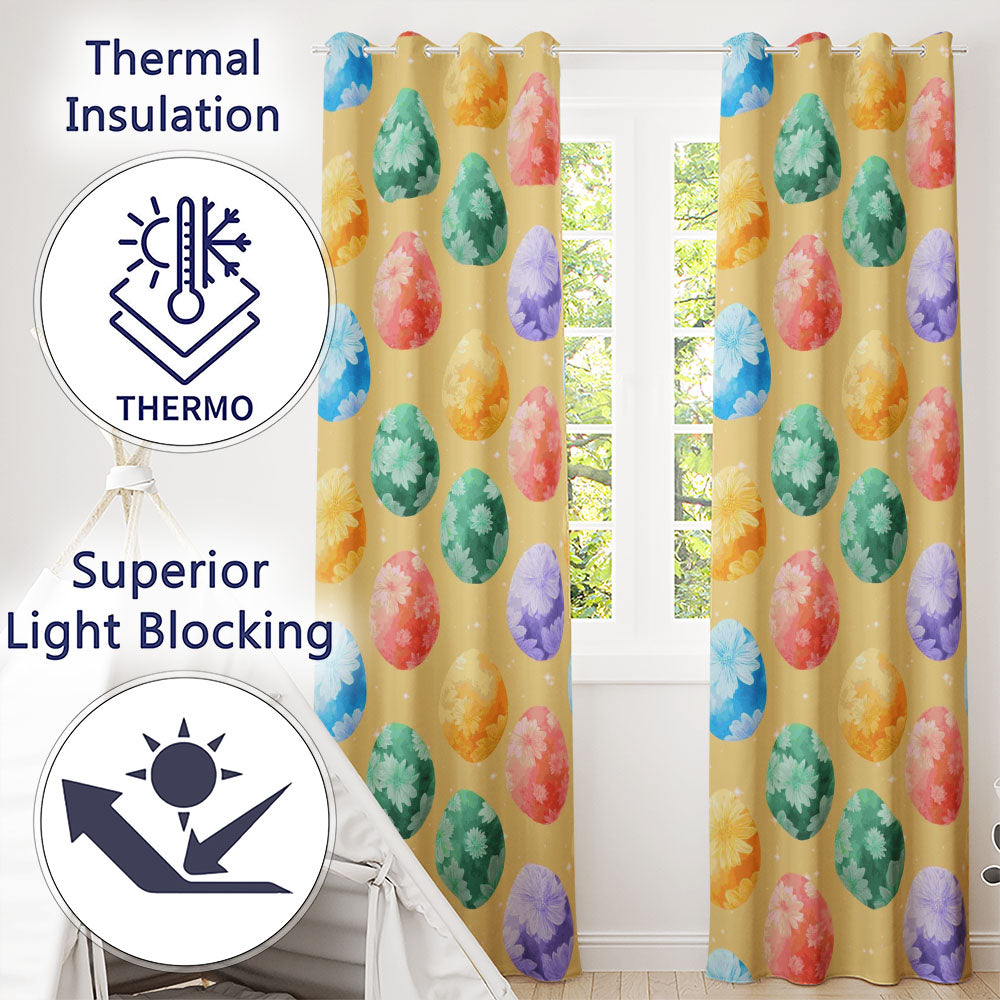 Pastel Easter Egg  with Floral Designs on Soft Golden Background  Readymade Eyelet Ring Top Thermal 100% Blackout Curtains