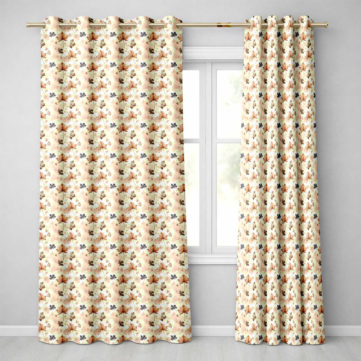Vintage Style Autumn Leaves in Muted Brown and Taupe Tones on Cream Background  Readymade Eyelet Ring Top Thermal 100% Blackout Curtains