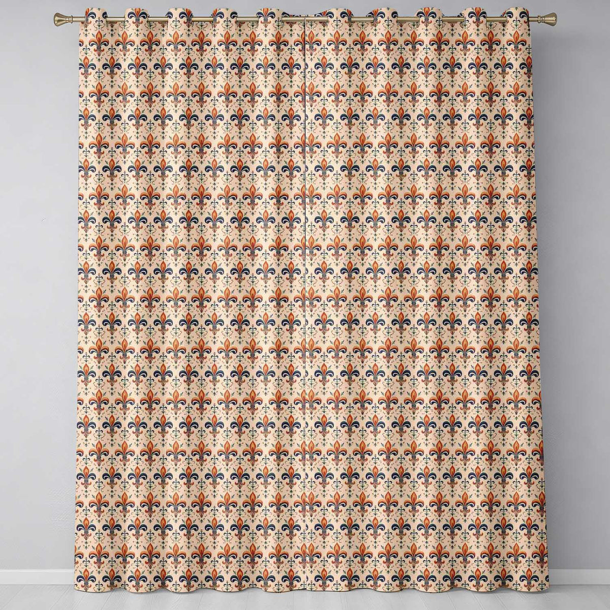 Vintage Red and Navy Ornate Fleur de Lis Floral  on Beige Background  Readymade Eyelet Ring Top Thermal 100% Blackout Curtains