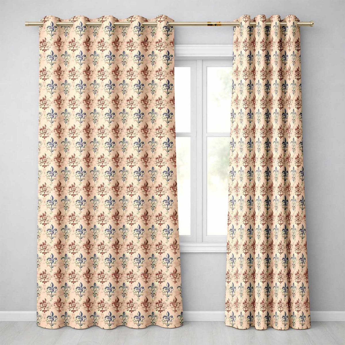 Distressed Red and Blue Fleur de Lis Vintage  on Aged Cream Background  Readymade Eyelet Ring Top Thermal 100% Blackout Curtains
